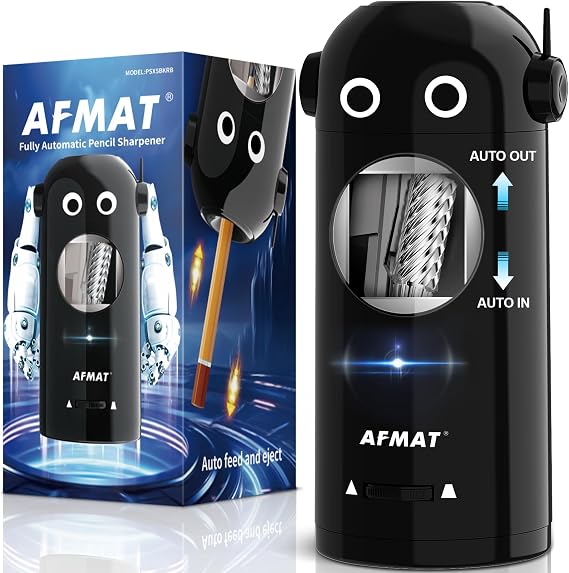 AFMAT Electric Pencil Sharpener for Colored Pencils 7-11.5mm, Fully Automatic Robot Pencil Sharpener, Auto in & Out, Rechargeable Hands-Free for Classroom/Home/Office, Battery Operated, PSX5RB, Black