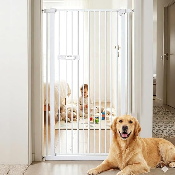 Extra Tall Cat Gate, 150cm Metal Cat Gate, 75-85cm Wide Dog Safety Gate, Double Acting Door, Auto Close, No Drilling, Dog Gate Pet Gate for Doorways (White)