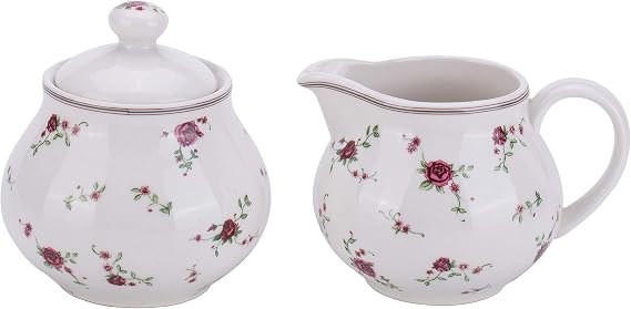 Cream & Sugar Sets with Lids Porcelain Vintage Floral Sugar Bowl and Creamer Set In Beige Ceramic Sugar and Creamer Sets for Home and Kitchen Dining Serving,Rose