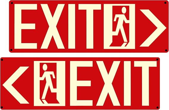 Photoluminescent Exit Sign Red - Aluminum -14x5 inches Exit Signs, With Strong Self-Adhesive Backing (One Right + One Left Arrow)
