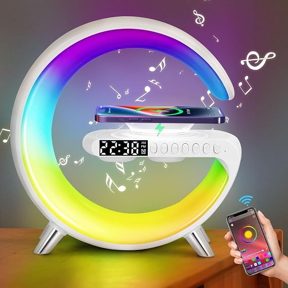 Smart Lamp Bluetooth Speaker with Wireless Charger, Dimmable Night Light G Speaker Lamp, App Control, RGB Color Changing, G Light with Sunrise Alarm Clock, LED Bedside Lamps for Bedroom (White)
