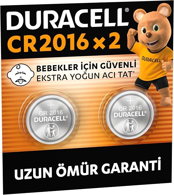 DURACELL CR 2016 Lityum Düğme Pil (2’li Paket) – 3V (CR2016) | Uzun Kullanım Ömrü Garantisi - Bebek Güvenlik Teknolojisi - Anahtarlık, Ev Tipi Kumandalar, Akıllı Bilekliklerde Kullanım