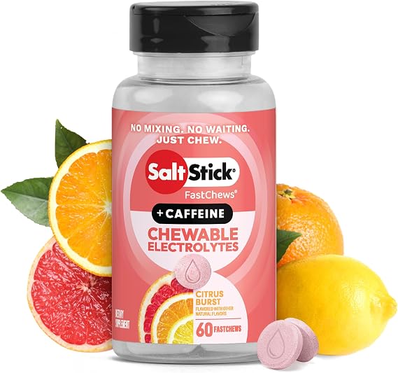 SaltStick Chewable Electrolytes with Caffeine - 60 Citrus Burst Electrolyte Energy Tablets - Just Chew It, Electrolyte Energy Chews for Hydration - 60 Count
