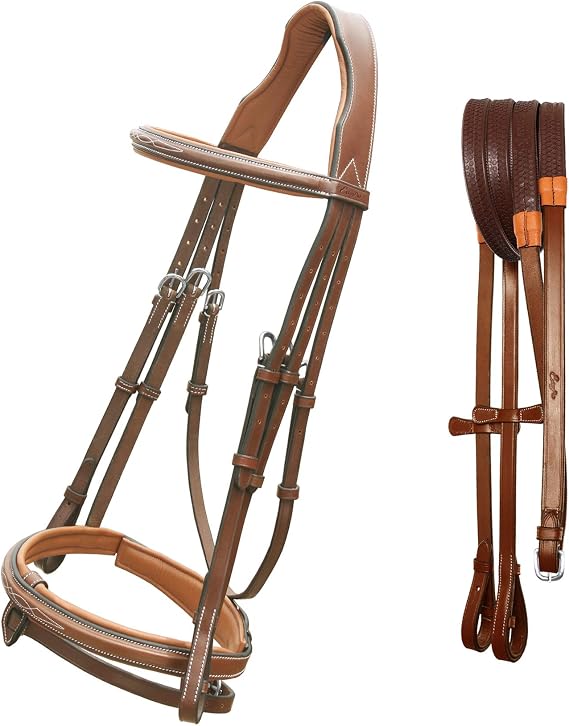 Anatomical Snaffle Jumping Bridle for Horses with Removable Flash Noseband & Rubber Reins Premium Vegetable-Tanned Leather, SS Buckles, Padded MonoCrown, Designer Stitching