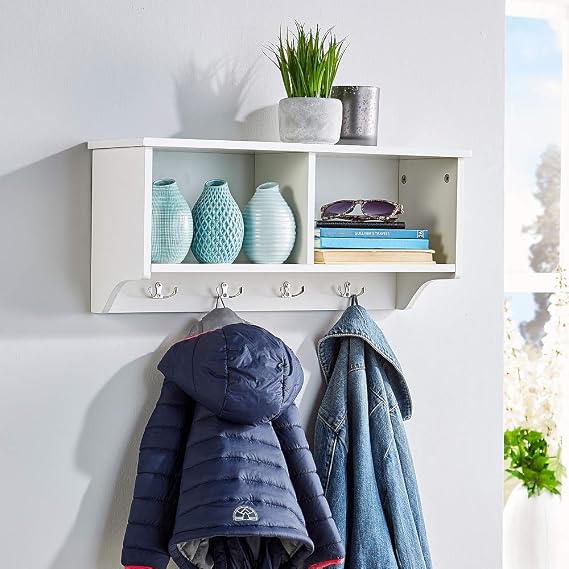 Home Source Wall Mounted Coat Rack, 4 Hook Coat Robe Hanging Unit with Storage Shelves Bathroom Hallway, White