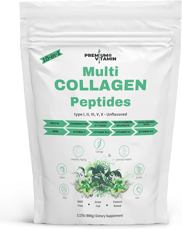Multi Collagen Peptides Powder, 2.17lbs -Type I,II,III,V,X with Hyaluronic Acid, Biotin, Vitamin C, B12, D3, K2, Chondroitin, Glucosamine Sulphate & MSM- Unflavored Keto Friendly