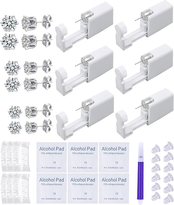 VitaCool Ear Piercing Kit Disposable Ear Cartilage Piercing Gun 3+4+5mm CZ | with Silver Sterile CZ Studs Easy and Safe Earring Self for Yourself Use at Home(Silver Crown Pattern 345mm)