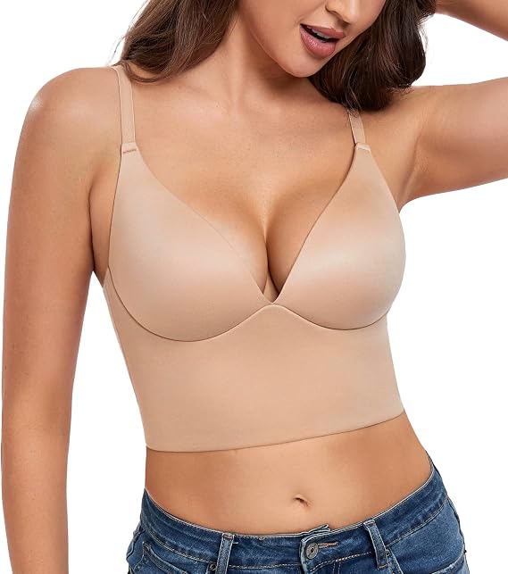 HACI Women's Plunge Deep V Bra Pullover Longline Seamless Wireless Padded T Shirt Bralette