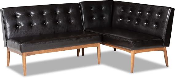 Baxton Studio Arvid Mid-Century Modern Dark Brown Faux Leather Upholstered 2-Piece Wood Dining Corner Sofa Bench
