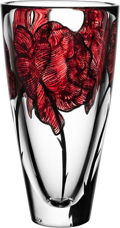 Kosta Boda 10" Tattoo Vase, Hand-Painted Glass - Rose Tattoo Inspired, Home & Office Decor - Table Centerpiece, Versatile Container for Florals, Red/Clear
