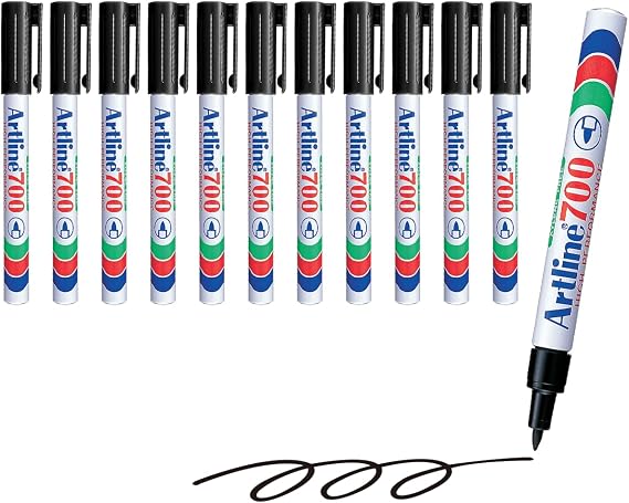 Artline Permanent Markers, 0.7mm, 700 Black 12 Pack | Low odor waterproof permanent markers for labeling, writing, signs, cardboard, plastic, metal and indoor or outdoor use