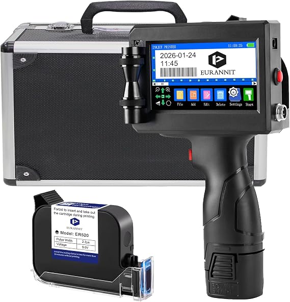 E15 Portable Inkjet Printer - 4.3" Touchscreen for Text, Logo, Date, Barcode, QR Code | Includes 12.7mm (0.5") Ink Cartridge & Protective Carrying Case