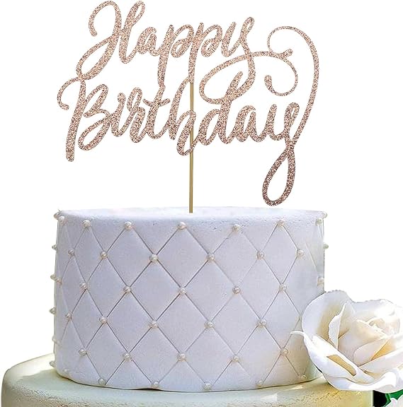 Happy Birthday Cake Topper - Birthday Party Decorations Supplies, Double Sided Rose Gold Glitter
