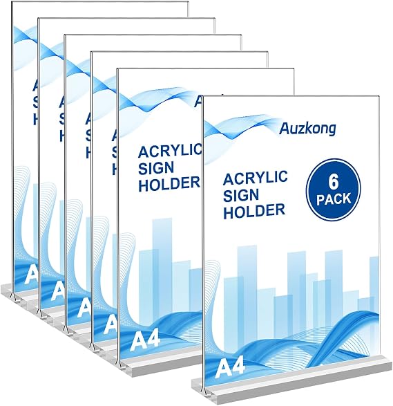A4 Acrylic Sign Holders, Double-Sided Vertical Display Stand, Plastic Paper Holder, T-Shaped Desktop Stand, Table Menu Display Stand for Restaurants Office Store Show (A4-6 Pack)