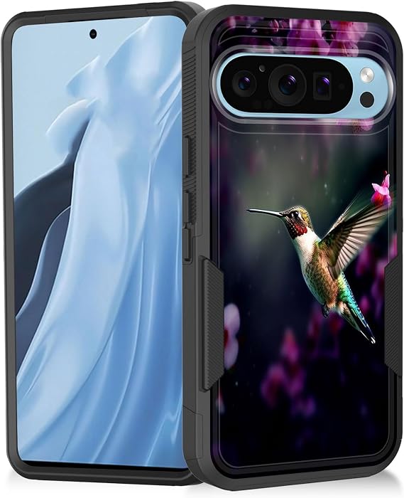 Pixel 9/Pixel 9 Proケース、ヘビーデューティーデュアルレイヤーハイブリッドハードPCソフトラバー耐衝撃保護頑丈なバンパーケース、Google Pixel 9/Pixel 9 Pro 2024、ハチドリの花