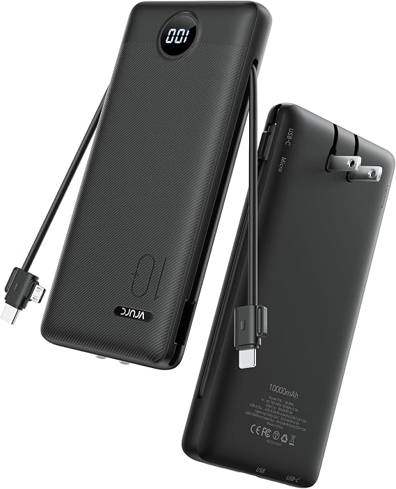 VRURC Fast Charging Portable Charger Power Bank AC Plug & Built-in Cables