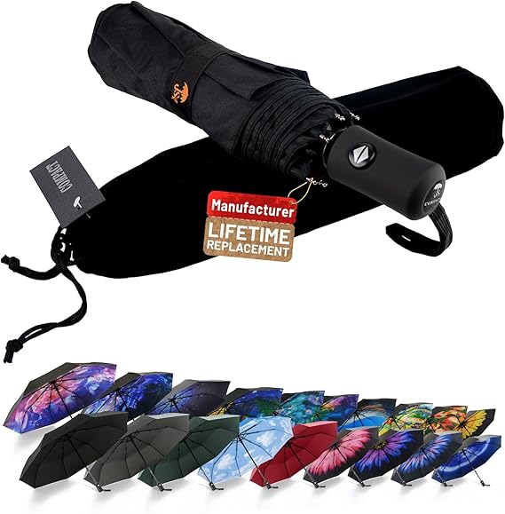 SY COMPACT Travel Umbrella - Windproof Automatic Compact Umbrella for Rain, Lightest 8-Rib, Small, Strong & Portable, Durable Grip, Fits Backpack & Car, Factory Direct (UV Available)