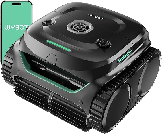 WYBOT C2 Cordless Robotic Pool Cleaner, Dual Filtrations, Floor, Wall &Waterline Cleaning, App Scheduling, Smart Navigation, Pool Vacuum for Inground Pools-Jet Black with Green Handle