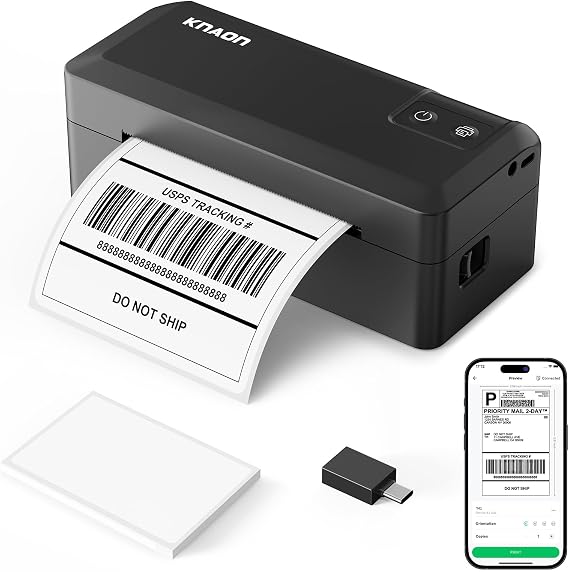KNAON Shipping Thermal Label Printer, 4x6 Portable Label Printer, Black | Bluetooth Label Printer, Portable for Home Office & Small Business, Works with iPhone, Android, PC, Perfect for Etsy, USPS