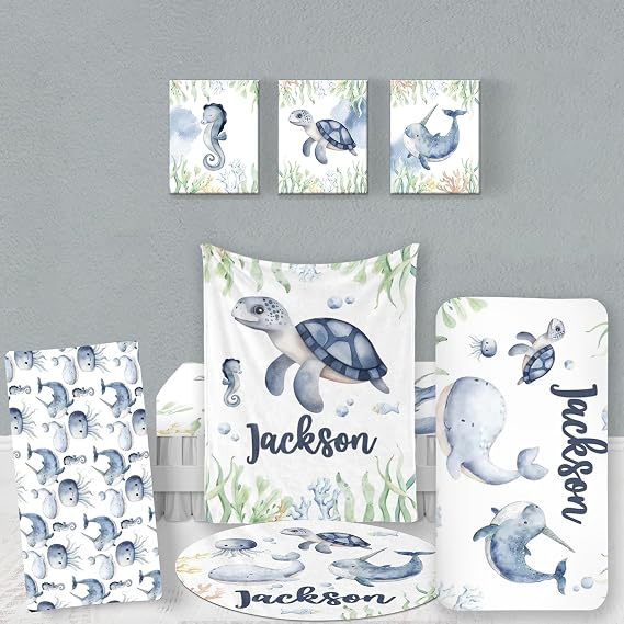Custom Baby Bedding Set, Personalized Blue Ocean Animal Bedding, Baby Blanket Fitted Sheet Changing Cover Nursery Rug Room Decor Gift Idea