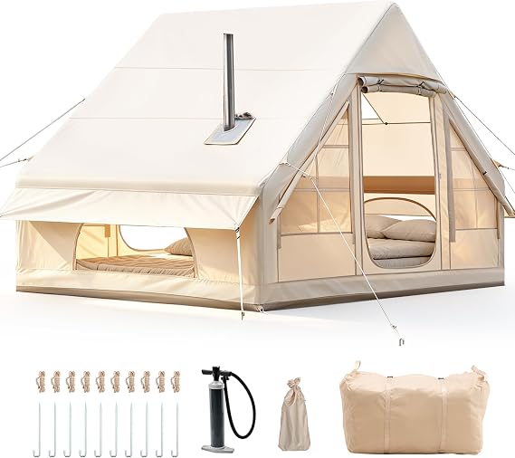 Aufblasbares Campingzelt mit Kaminöffnung & Dachfenster Aufblasbare Zelt für 2-10per mit Luftpumpe Zelt Aufblasbar aus Wasserdichtem Oxford-Stoff für Jahreszeiten Schneller Aufbau Luftzelte