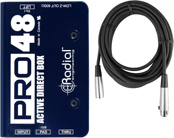 Radial Pro48 Active 1 Channel 48-Volt Compact Phantom Powered High Resolution Active Direct Box with Senor Cables 20' XLR Microphone Cable