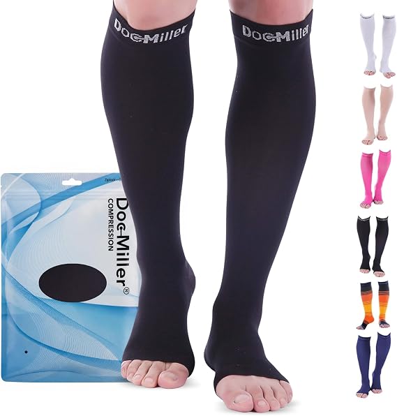 Doc Miller Open Toe Compression Socks 8-15 mmHg for Women & Men, 1 Pair | Knee High Toeless, Mild Support Hose, For Swelling, Varicose Veins, Shin Splints, Travel, Nurses & Pregnancy