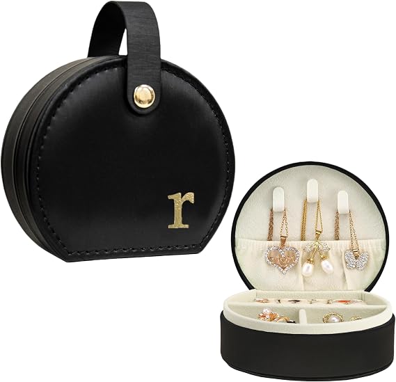 COLLECTIVE HOME - Travel Jewelry Case, Elegant Half-Moon Design with Gold Monogram, Detachable Handle, Personalized Accessory Organizer, Gift for Fashion-Forward Women and Teens, Black (r)