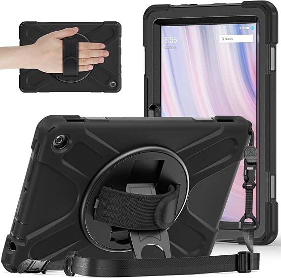 Kids Case for Amazon Fire HD 10 (13th Gen, 2023 Release) 10.1" | Heavy Duty Shockproof Rugged Cover,Rotating Stand Hand Strap&Shoulder Strap Pen Holder,For Office,Travel,Black
