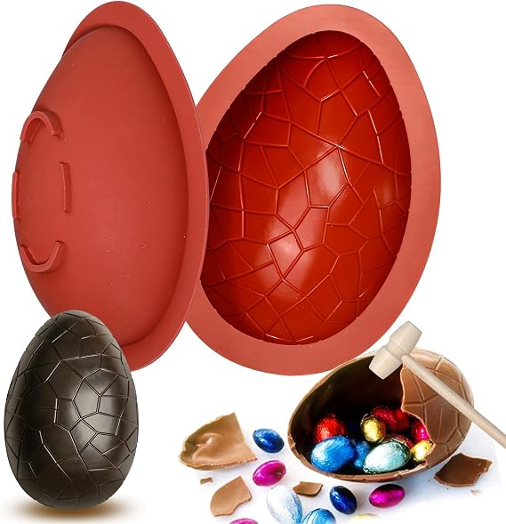 Kamehame Easter Egg Mold, Breakable Easter Egg Chocolate Mold, Large 3D Silicone Easter Egg Candy Mold with 1 Hammer for Easter Decorations, Dinosaur Eggs