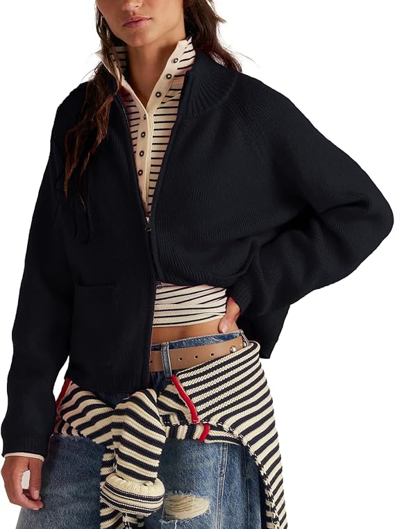 Haellun Zip Up Sweaters for Women Double Zipper Open Front Cardigan Sweater Ribbed Knit Coats with Pockets