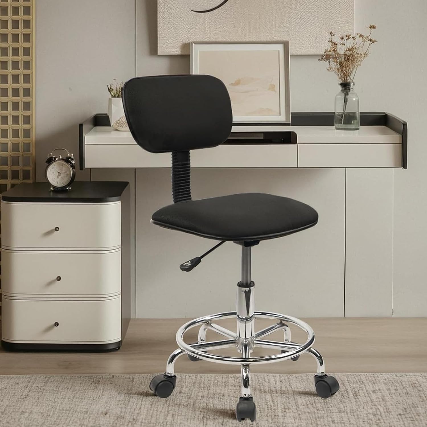 Drafting Chair Rolling Stool Adjustable Height with Back Support Foot Rest and Wheels Multi-Purpose Desk Chair for Home Office Bar Kitchen Shop, Black, 1 Pack