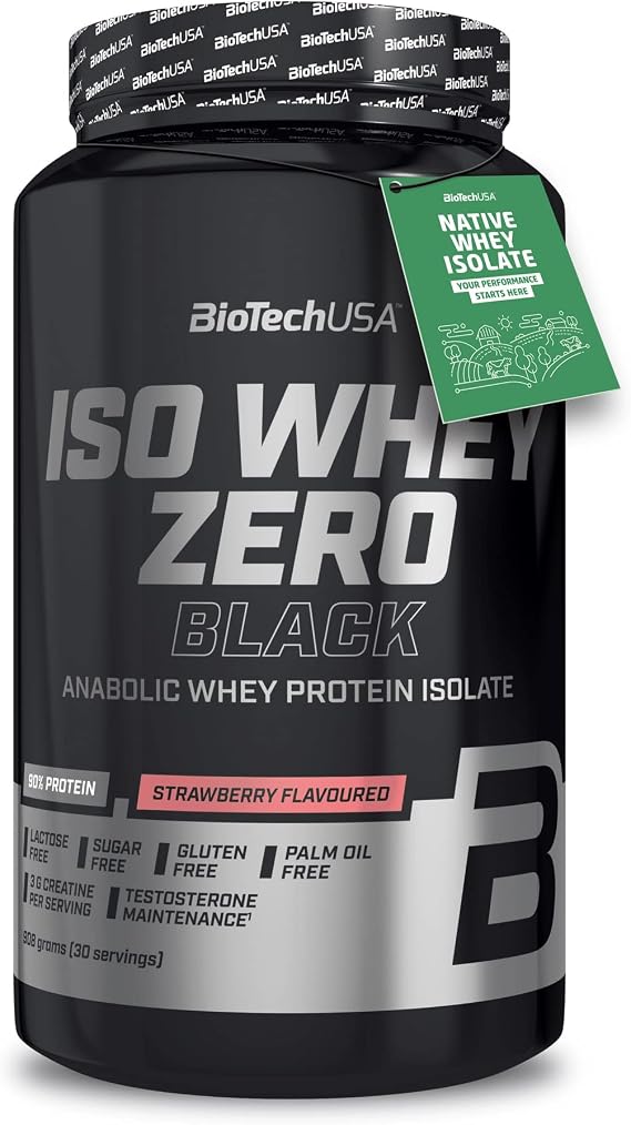 BioTechUSA Iso Whey Zero Black Flavoured Protein Powder Drink with 90% of Protein, Added creatine, Amino acids and zinc chelate, with Vitamin B3, 908 g, Strawberry