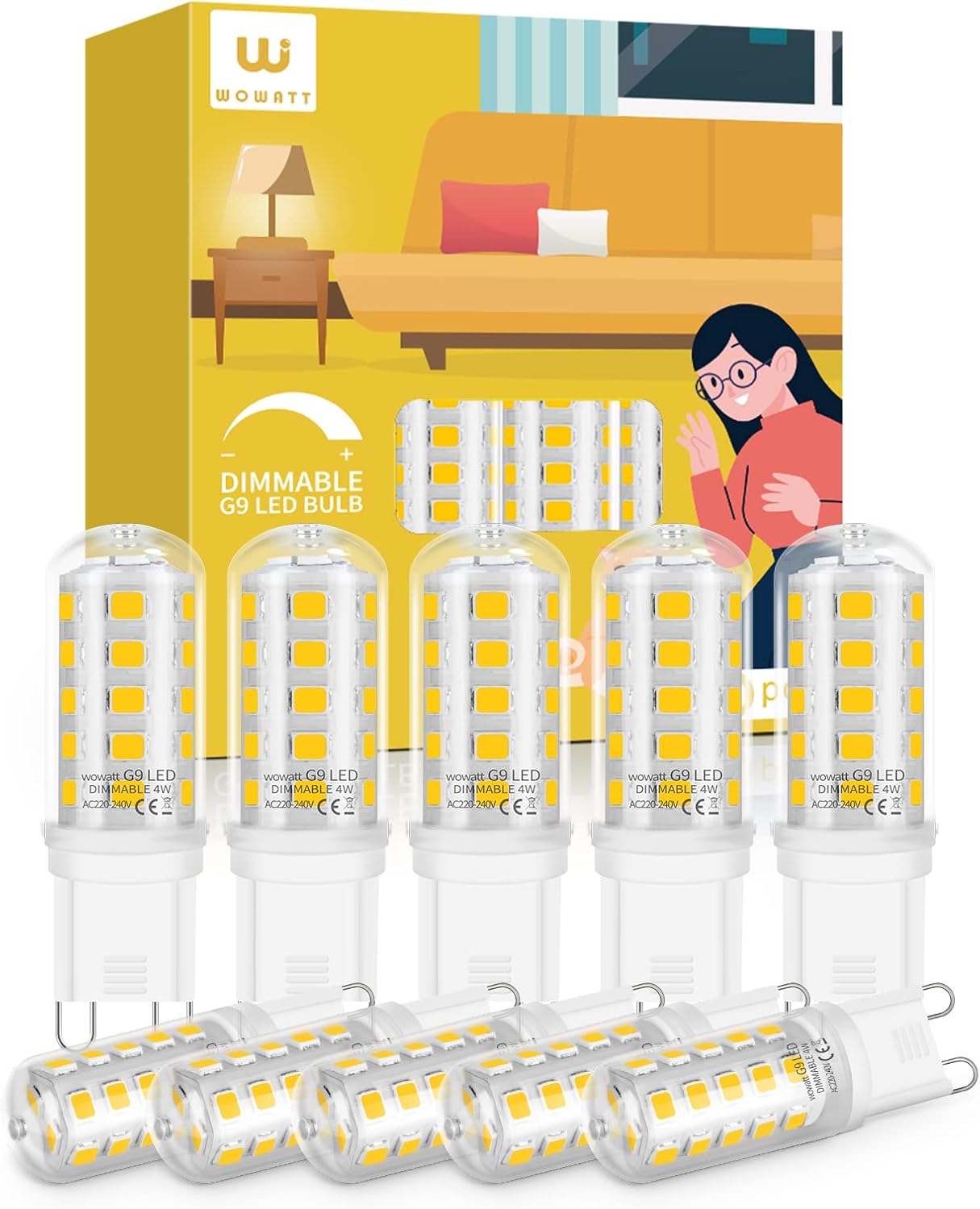 wowatt G9 LED Bulbs Dimmable Natural White 4000K, 10 Pack, 4W Equivalent to 40W Halogen Bulbs, No Flicker, 400LM, CRI＞83, AC 220-240V [Energy Class F]