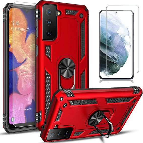 STARSHOP Compatible with Samsung Galaxy S21 FE 5G Case Phone Cover, with [Tempered Glass Screen Protector Included], Military Grade Shockproof Drop Protective with Metal Kickstand- Red