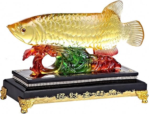 Large Size Feng Shui Wealth Arowana (Golden Dragon Fish) Lucky Fish Statue Figurine, Office Living Room Decoration,Best for Business Opening,Feng Shui Decor,9"(L) x 4"(W) x 8"(H)