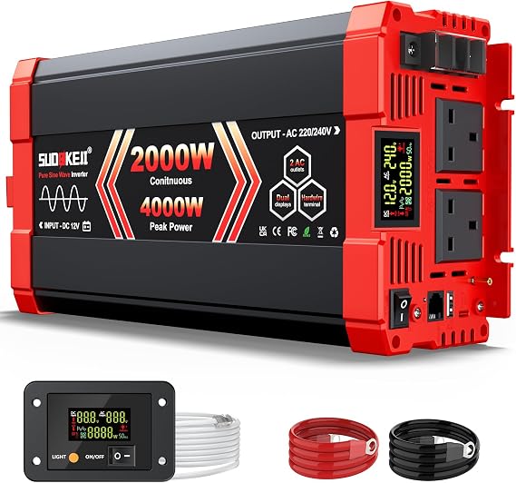 Pure Sine Wave Inverter 2000 Watt, 12V DC to 240V AC Inverters for RV, Truck, Solar, Home, Power Inverter with 2 AC Outlet, 30W USB-C, 5V 3.1A USB, Hardwire Port, Remote Control, Surge 4000W