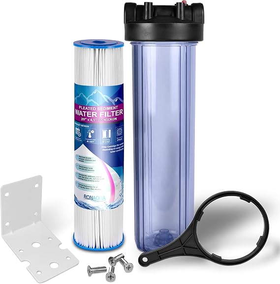 Whole House Water Filter System, Transparent 20 x 4.5" Housing, Presser Relief Button, 1 Inlet/Outlet Brass Port & 5 Mic Pleated Washable Sediment Cartridge Meets NSF Standards & Regulations (20)