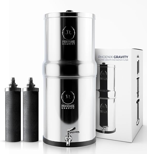 PHOENIX GRAVITY 6-Liter Stainless Steel Gravity Water Filter | NSF/ANSI 42 & 372 Certified | 2 Smart Carbon Cartridges Included | No Electricity or Plumbing Needed | Clean, Healthy Drinking Water