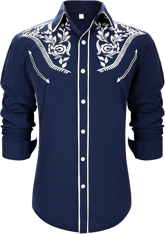 TRIWORKS Cowboy Shirts for Men Western Long Sleeve Casual Vintage Embroidery Country Shirt Slim Fit Button Down Shirt Casual Work XS-3XL