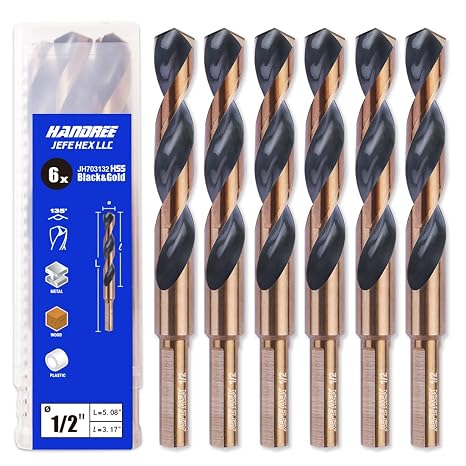 JEFE HEX 1/2" Dia. 5" OAL HSS Twist Drill Bit, General Purpose, 3-Flat Shank, Black and Gold Finish, 135 Degree Split Point, Ideal for Steel/Wood/Copper/Aluminum/Zinc Alloy/Plastic. (6-Piece)