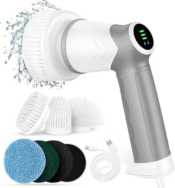 Electric Spin Scrubber Cordless Electric Cleaning Brush with LED Display, Shower Cleaning Brush with Replaceable Brush Head, Power Scrubber for Bathroom Kitchen Tile Tub Floor Cleaning