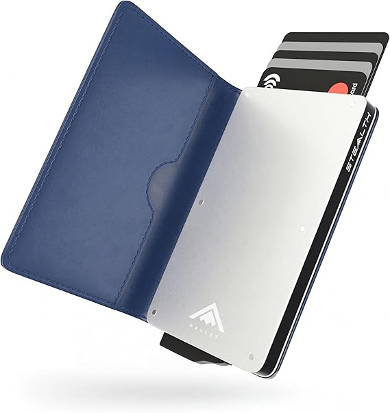 Stealth Wallet RFID Card Holder Wallet - Smart Minimalist NFC Blocking Pop Up Wallets with Gift Box - Slim, Compact, Lightweight Metal Credit Cards Holder (Silver Aluminum with Blue Leather)