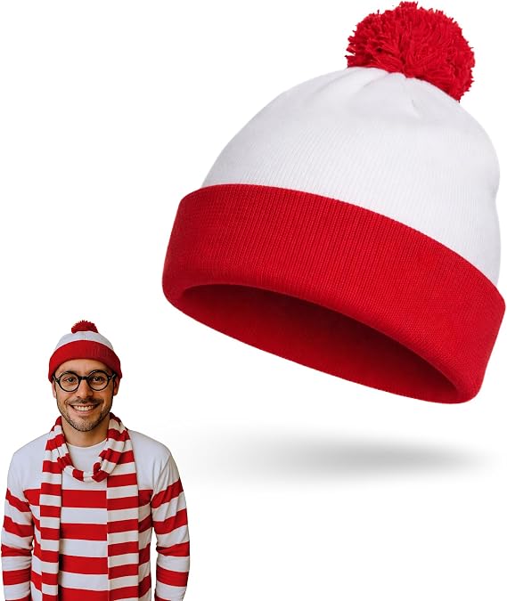 Wheres Waldo Hat - Fun & Trendy Wheres Waldo Costume Beanie - Playful Red and White Hat Waldo Costumes for Men & Women - White Beanie with Red Pom Where's Waldo Accessories - Book Character Costumes