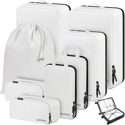 Lumesner Compression Packing Cubes, 8 Set Travel Packing Cubes for Carry on Suitcases, Compression Suitcase Organizers Bag Set & Travel Cubes 8pc - White