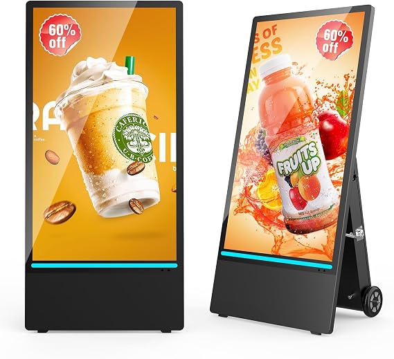 43 Inch Outdoor Digital Signage A-Frame Displays, Rechargeable Digital LCD Kiosks, Moveable Commercial Totem, IP65 Waterproof, Auto Adjustment 2000nits High Brightness Screen, High Capacity Battery for Restaurant/Bar/Food Truck/Store