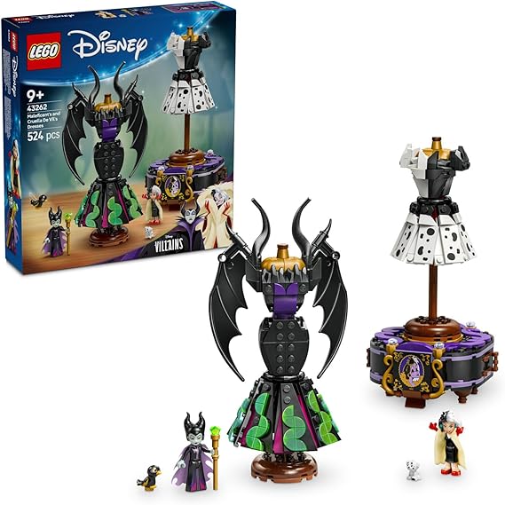 LEGO Disney Kötüleri Malefiz'in ve Cruella De Vil'in Elbiseleri 43262-9 Yaş Üzeri Kız ve Erkek Çocuklar için Sergileme Standı, 2 Mini Bebek ve 2 Hayvan Figürü İçeren Oyuncak Yapım Seti (524 Parça)