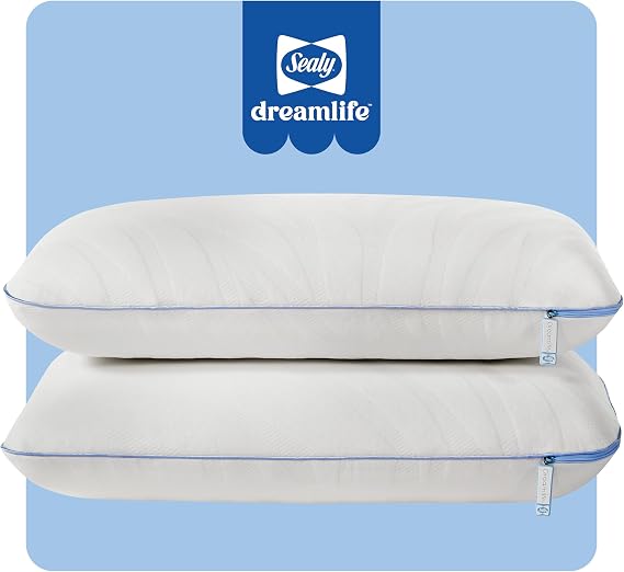Sealy Dreamlife Queen Size Memory Foam Cooling Pillow with Surface Guard Technology, Removable Machine-Washable Cover, White (2 Pack)