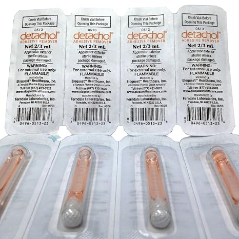 Detachol Adhesive Remover Safe, Easy Removal of Medical Adhesives, Bandages & Skin Tape Alcohol and Acetone Free Gentle on Sensitive Skin - 2/3 ml Vial - 4 Pack.