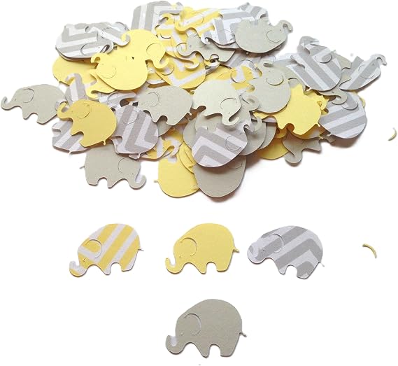 100 Pieces Yellow & Gray Elephant Confetti 34 x 1 Paper Cutouts for Baby Shower Decorations, Gender Neutral Party, Table Scatter, Scrapbooking